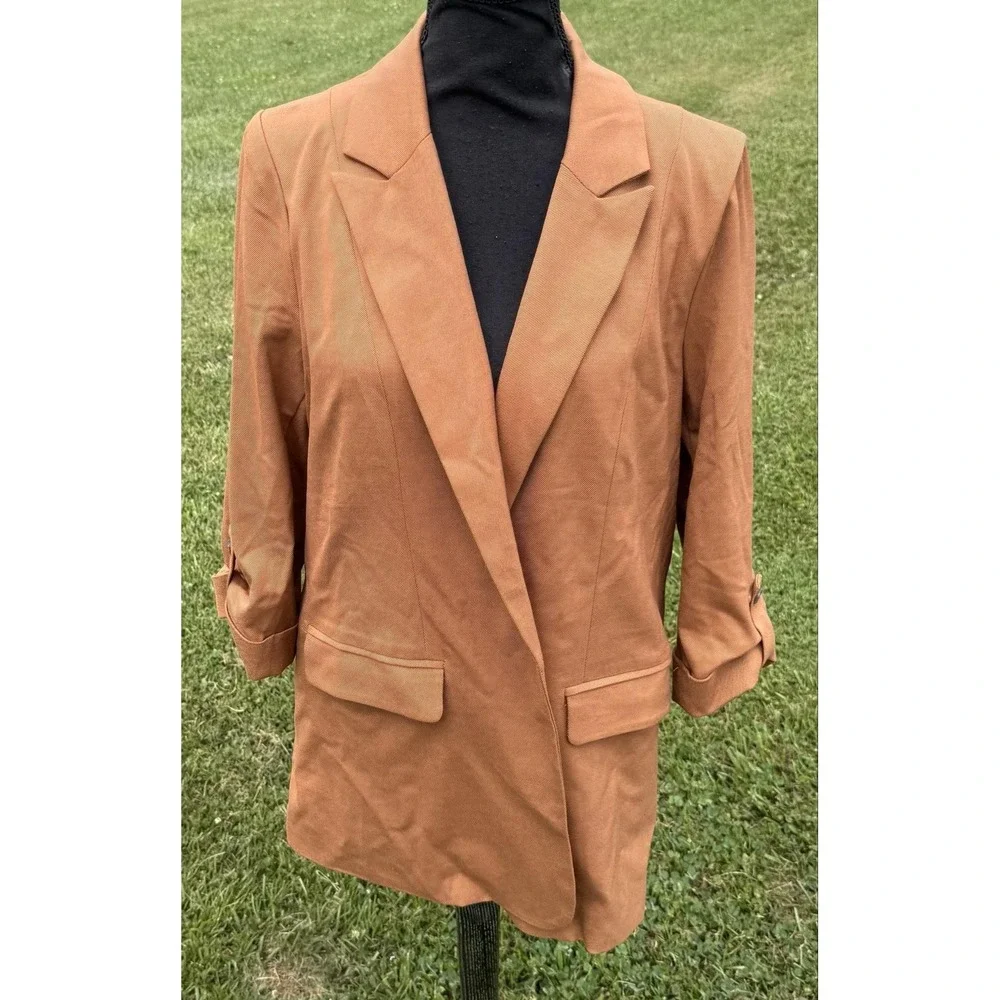 Skies Are Blue Blazer Womens L Brown Boyfriend Oversized Open Front Lined Jacket